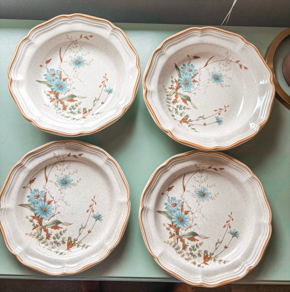 Vintage 80s Mikasa Blue Daisies Stoneware Plate Set Dinner & Salad Cottagecore